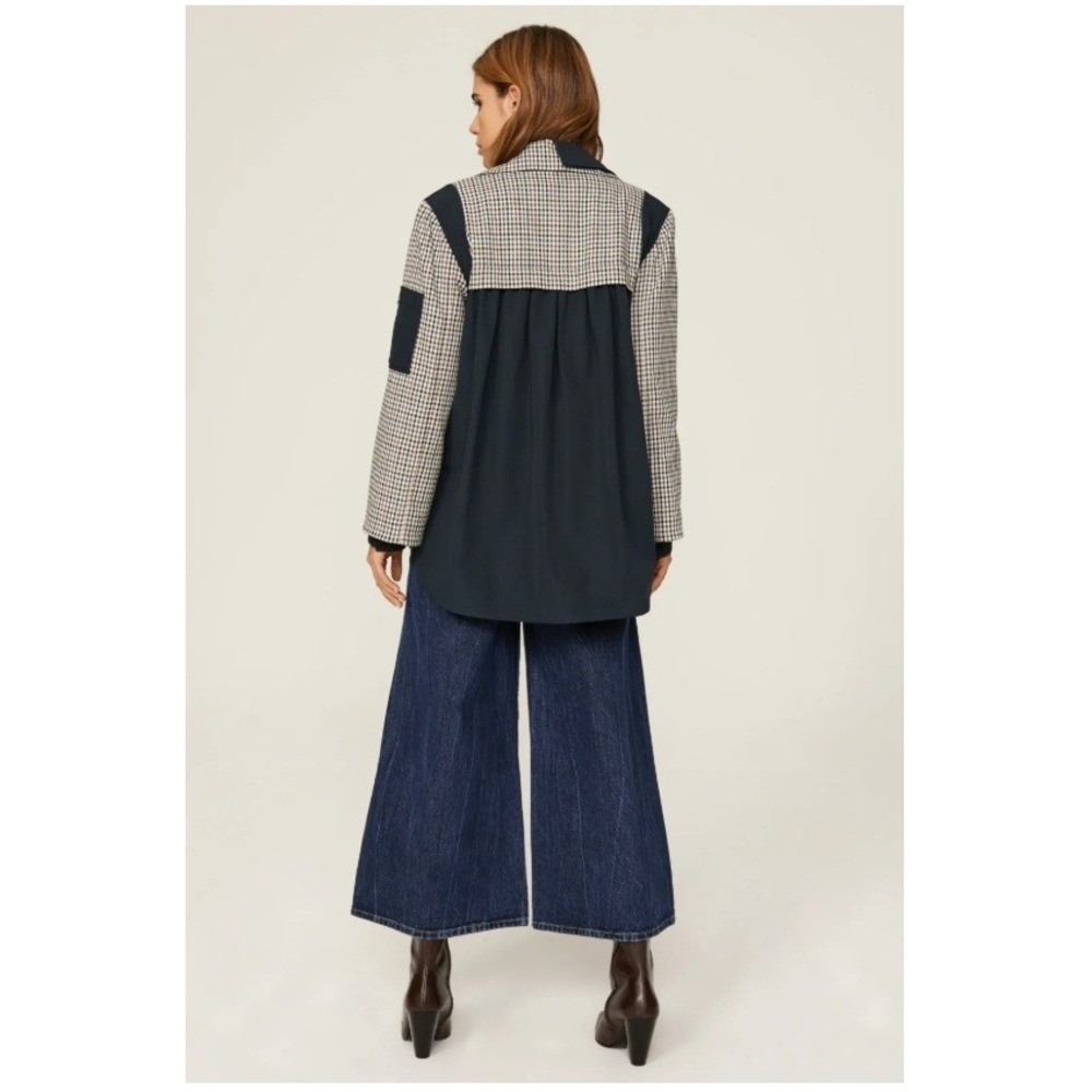Veronica Beard Plaid Mixed Media Belted Jacket Navy Large Double Breasted - Picture 2 of 11